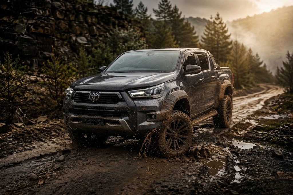 Lifted Toyota HiLux on mud tyres on a forest track